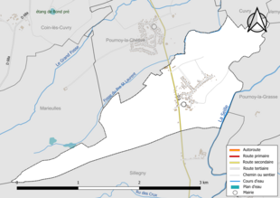 Carte en couleur présentant le réseau hydrographique de la commune