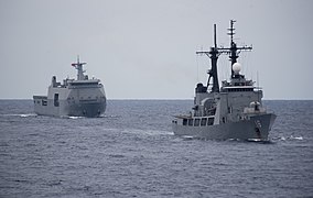 BRP Ramon Alcaraz (PS-16) and BRP Tarlac (LD-601) sail in formation during the at-sea portion of Maritime Training Activity (MTA) Sama Sama 2018.