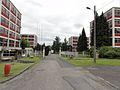 La rue centrale avec les bâtiments industriels alignés en parallèle.