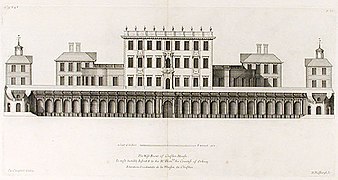 Cliveden House de 1666. Hoy sólo queda la terraza porticada. (de la obra de Colen Campbell, Vitruvius Britannicus, c.1717).