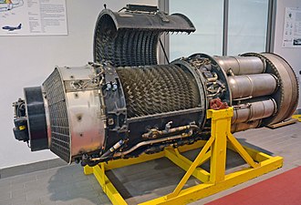 Early turbojet, General Electric J47, 1947. The 11 stage compressor has a pressure ratio of 5.4:1.