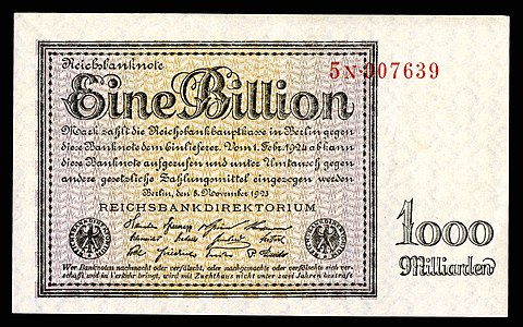 One-trillion Mark at German Papiermark, by the Reichsbankdirektorium Berlin