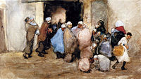 A watercolor of a group of people standing in front of a courtyard. Some are carrying pots.