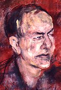 פורטרט חזית-צדודית מצוייר של הרברט סיימון על רקע אדום
