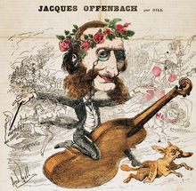 Drawing of Offenbach, in concert dress and a crown of roses, riding through the sky on a giant violin, accompanied by a dog called Barkouf, over a whimsical background composed of scenes from his operettas and flowers