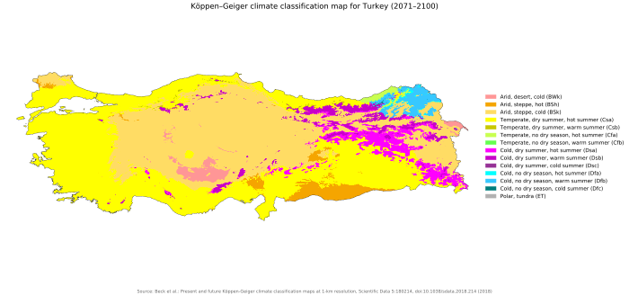 map of Turkey, roughly a horizontal rectangle, showing a complex pattern of climate types, but much less cold than the other map