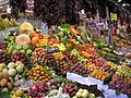 Fruit display at La Boqueria market in Las Ramblas Barcelona