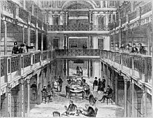 A drawing showing the interior of a multistory library