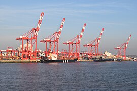 The container terminal seen from the River Mersey