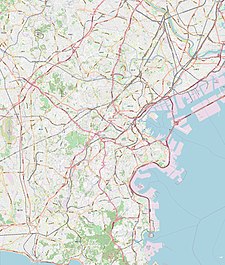 A map of Yokohama with a dot showing location of Yokohama Rosai Hospital