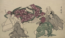 在约1795年（寬政七年）的木刻版畫中，紫式部與五個男性宮廷歌人進行交流