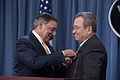 Secretary of Defense Leon E. Panetta presents Israeli Minister of Defense Ehud Barak with the medal.