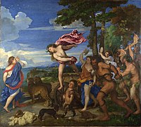 Leopards pull Bacchus's car in Titian's Bacchus and Ariadne (1523)