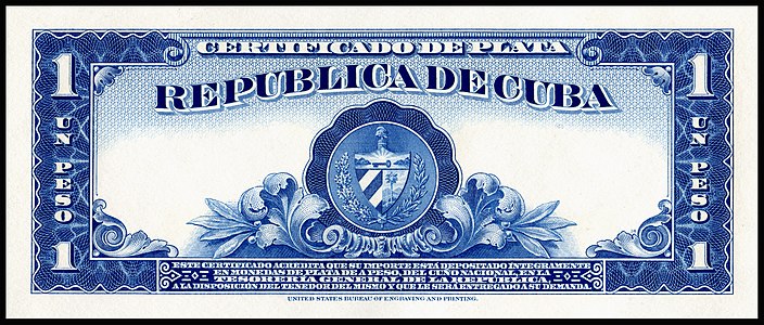 One-peso silver certificate from the 1936 series, certified proof reverse, by the Bureau of Engraving and Printing
