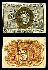 Second issue of the five-cent fractional currency, by the United States Department of the Treasury