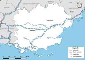 Carte du réseau routier national (autoroutes et routes nationales) dans le département du Var