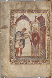 Æthelstan presenting a manuscript of Bede's Life of Saint Cuthbert to Cuthbert,[14] the earliest surviving portrait of a reigning English king.