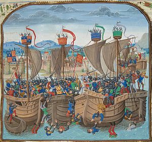A depiction of medieval naval combat from Jean Froissart's Chronicles, 14th century