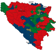 Stanovništvo Bosne i Hercegovine po općinama prema popisu iz 1961. godine; Hrvati - tamno plava, Srbi - crvena, Muslimani - zelena, Jugoslaveni - maslinasta