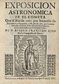 Front page of Exposisión astrónomica de el cometa by Eusebio Francisco Kino, 1681
