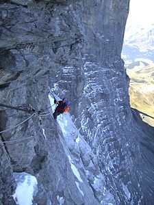Alpine climbing on the north face of the Eiger