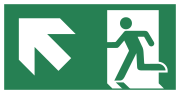 An exit symbol, combined with an arrow pointed up, to the left.