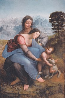 Painting depicting a woman sitting on another woman's lap, reaching out for a baby playing with a lamb.