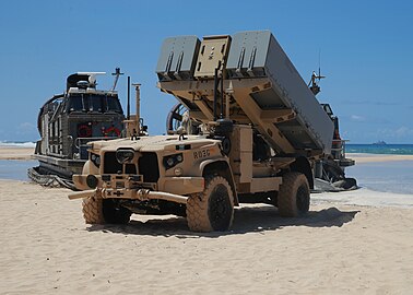 In December 2019, the Marine Corps tested a version of the JLTV called ROGUE Fires, which consists of an unmanned JLTV-based mobile launch platform carrying a Naval Strike Missile launcher unit.[134]