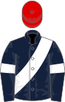 Dark blue, white sash and armlets, red cap