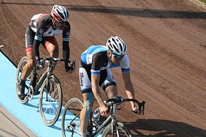 Fabian Cancellara (left) and Sep Vanmarcke (right) in the Roubaix Velodrome during the final meters of the race.