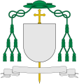Galero vert with six tassels per side, used by bishops in place of a helmet (and single-barred cross)