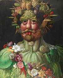 Vertumne, tableau de Giuseppe Arcimboldo représentant l’empereur Rodolphe II par une image ambigüe (1590, château de Skokloster). (définition réelle 11 795 × 14 623)