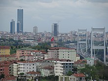 A view of the Bosporus from Kavacık. Businesses and residential buildings intersperse with secondary growth forests on a hilly landscape.