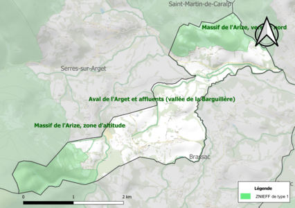 Carte des ZNIEFF de type 1 sur la commune.