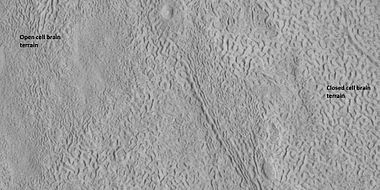 Open and closed brain terrain with labels, as seen by HiRISE under HiWish program