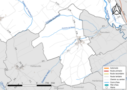 Carte en couleur présentant le réseau hydrographique de la commune