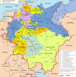 1849年的德意志邦聯，黃色顯示加入德意志帝國的州，橙色顯示革命者的統治區。德意志帝国之外的地区：蓝色为普鲁士，黄绿色为奥地利，青绿色为巴伐利亚，紫色为英领汉诺威王国