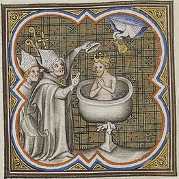Le baptême de Clovis représenté dans une enluminure des Grandes Chroniques de France de Charles V, vers 1370-1379.