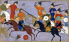 Painting of cavalry pursuing and attacking other horsemen