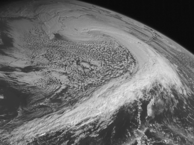 The Japan Meteorological Agency’s MTSAT-2 satellite captured this image of an extremely powerful extratropical cyclone (which absorbed former Typhoon Nuri) over the Bering Sea at 22:32 UTC on November 7, 2014, shortly before its extratropical peak intensity.