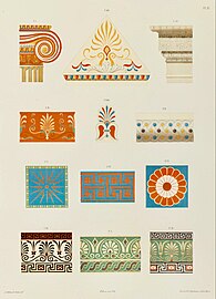 19th century illustration of multiple polychrome elements of Ancient Greek architecture, including a guillochés on the right, by Jacques Ignace Hittorff