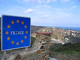 Panneau E39, frontière entre l'Espagne et la France, col des Balistres, Pyrénées-Orientales.