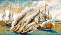 HMS Anne Galley ablaze off Toulon, 1744