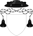 Hat sable with cords sable and argent and one tassel sable per side, used by Anglican priests in place of a helmet