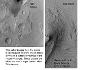 Layers in an old crater in Arabia, as seen by MGS, under the MOC Public Targeting Program. Layers may form from volcanoes, the wind, or by deposition under water. The craters on the left are pedestal craters.