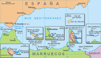 The plazas de soberanía, plus Ceuta (with Perejil Island) and Melilla on the mainland, and Alboran Island 50 km north of the coast