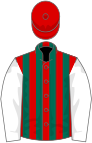 Red and dark green stripes, white sleeves, red cap