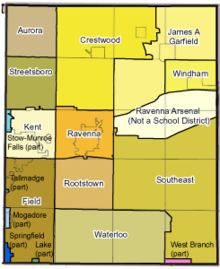 Map showing Portage County school districts with township and municipal boundaries overlaid