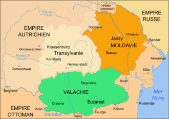 carte de la région à l'ouest de la mer Noire montrant les trois provinces de Transylvanie, Moldavie et Valachie