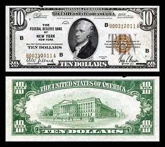 Ten-dollar small-size banknote of the Federal Reserve Bank Notes, by the Bureau of Engraving and Printing
